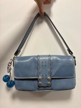 Blue Leather Shoulder Bag with Decorative Strap